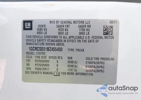 2011 Chevrolet Silverado 1500 Lt из США, поврежденный, VIN 1GCRCSE01BZ455439